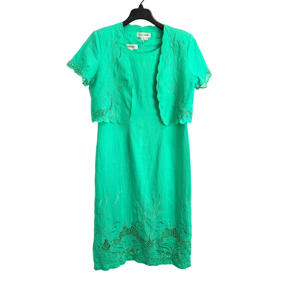 Lino USA Green Linen Dress Set Embroidered Eyelet Bolero Jacket Size S